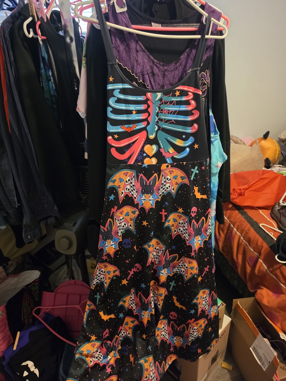 Colorful Skeleton & Bat Print Halloween Dress
